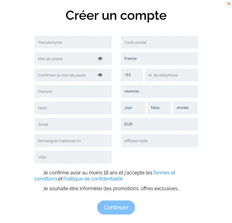 Processus d'inscription EvoBet Casino